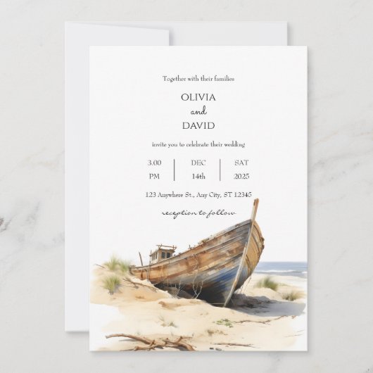 海岸沖素朴岸ビーチ結婚式 招待状 (正面)