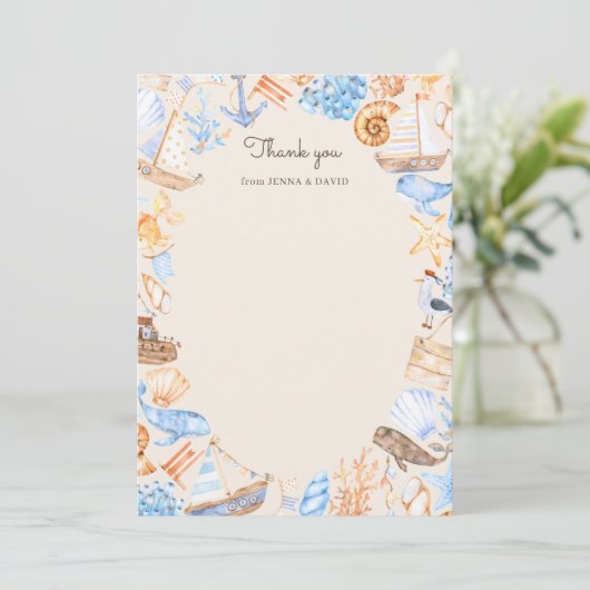 海岸沿いのかわいい船と海獣 サンキューカード (スタンド正面)