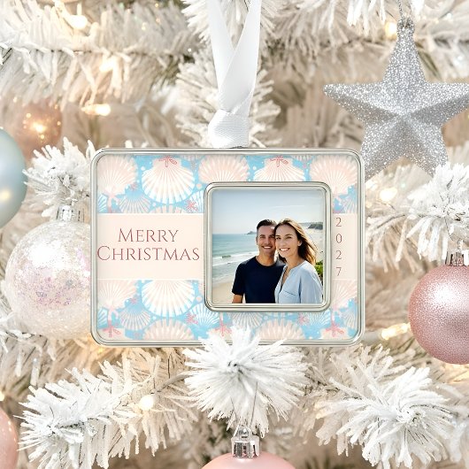 海岸沿いのクリスマスシーシェルヒトデの写真 シルバープレートフレームオーナメント