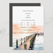 海岸沿いの桟橋でのオレンジ色の空の夕焼けのウェディング 招待状 (正面/裏面)