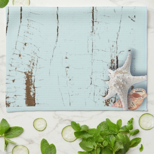 海岸沿いの納屋の木アクアブルーのヒトデの貝殻 キッチンタオル (折り畳み)