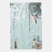 海岸沿いの納屋の木アクアブルーのヒトデの貝殻 キッチンタオル (縦)