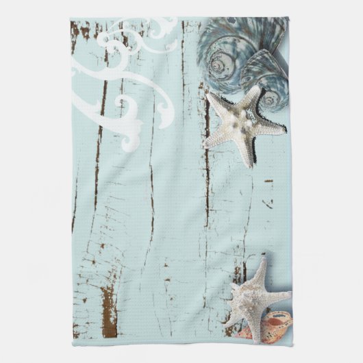 海岸沿いの納屋の木アクアブルーのヒトデの貝殻 キッチンタオル (縦)