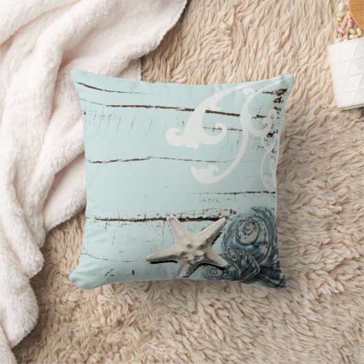 海岸沿いの納屋の木アクアブルーのヒトデの貝殻 クッション (ブランケット)