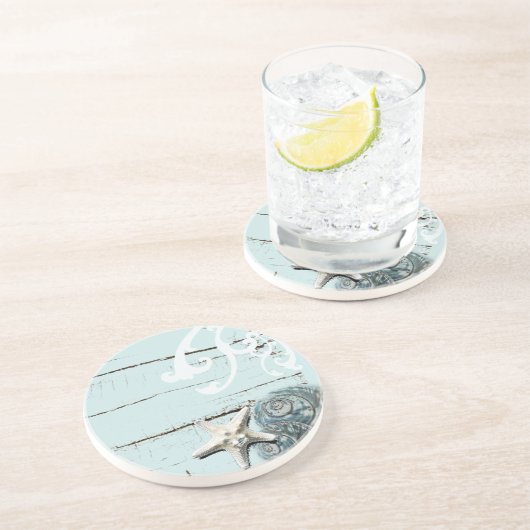 海岸沿いの納屋の木アクアブルーのヒトデの貝殻 コースター (側面)