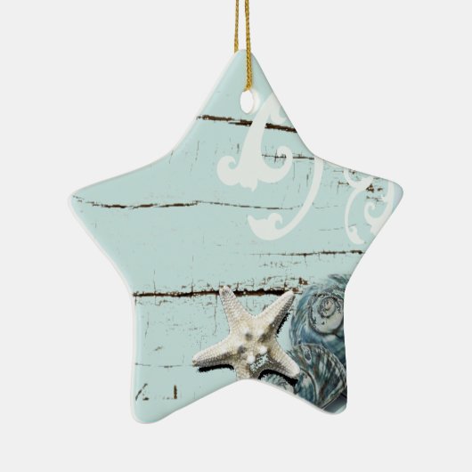 海岸沿いの納屋の木アクアブルーのヒトデの貝殻 セラミックオーナメント (右)