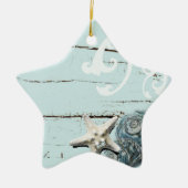海岸沿いの納屋の木アクアブルーのヒトデの貝殻 セラミックオーナメント (正面)