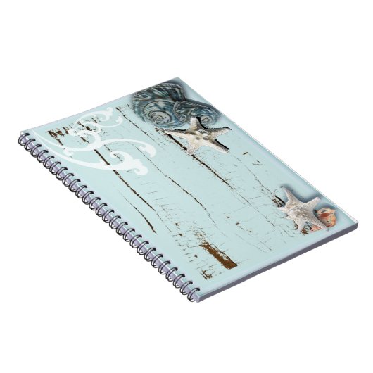 海岸沿いの納屋の木アクアブルーのヒトデの貝殻 ノートブック (右側)