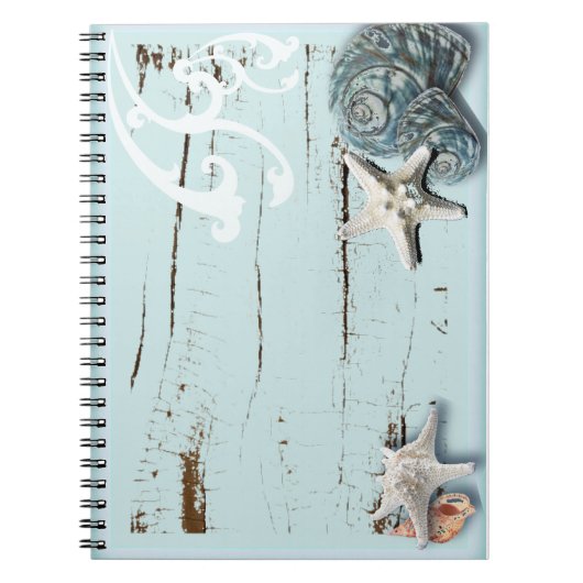 海岸沿いの納屋の木アクアブルーのヒトデの貝殻 ノートブック (正面)