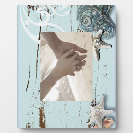海岸沿いの納屋の木アクアブルーのヒトデの貝殻 フォトプラーク (正面)