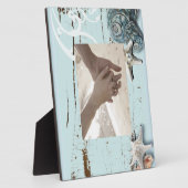 海岸沿いの納屋の木アクアブルーのヒトデの貝殻 フォトプラーク (側面)