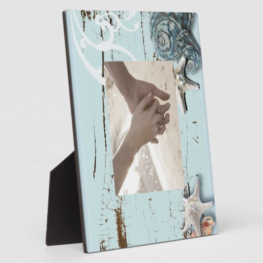 海岸沿いの納屋の木アクアブルーのヒトデの貝殻 フォトプラーク (側面)