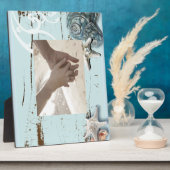 海岸沿いの納屋の木アクアブルーのヒトデの貝殻 フォトプラーク (側面)