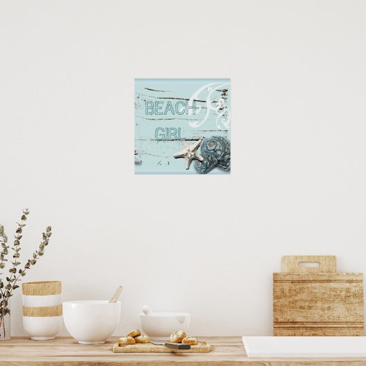 海岸沿いの納屋の木アクアブルーのヒトデの貝殻 ポスター (キッチン)