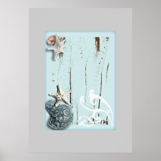 海岸沿いの納屋の木アクアブルーのヒトデの貝殻 ポスター (正面)