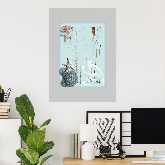 海岸沿いの納屋の木アクアブルーのヒトデの貝殻 ポスター (ホームオフィス)