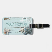 海岸沿いの納屋の木アクアブルーのヒトデの貝殻 ラゲッジタグ (正面横)