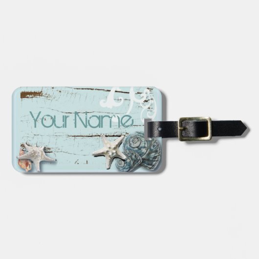 海岸沿いの納屋の木アクアブルーのヒトデの貝殻 ラゲッジタグ (正面横)