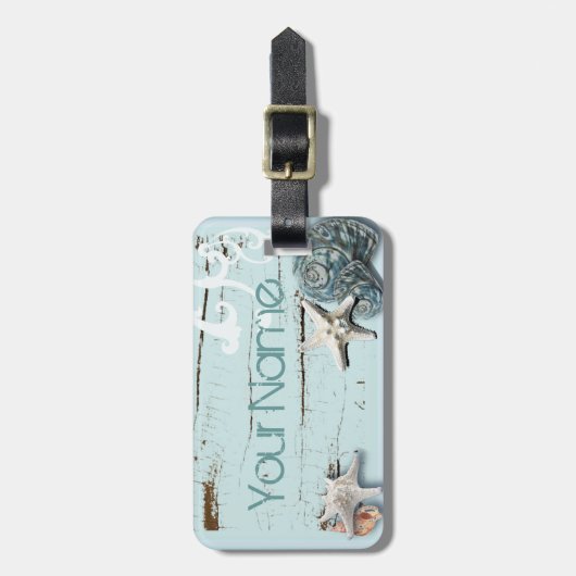 海岸沿いの納屋の木アクアブルーのヒトデの貝殻 ラゲッジタグ (正面縦)