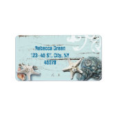 海岸沿いの納屋の木アクアブルーのヒトデの貝殻 ラベル (正面)