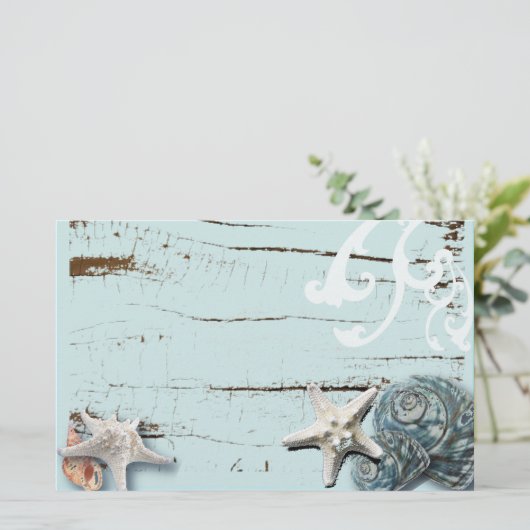 海岸沿いの納屋の木アクアブルーのヒトデの貝殻 便箋 (スタンド正面)