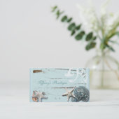 海岸沿いの納屋の木アクアブルーのヒトデの貝殻 名刺 (スタンド正面)