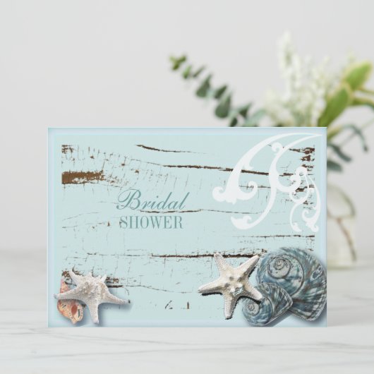 海岸沿いの納屋の木アクアブルーのヒトデの貝殻 招待状 (スタンド正面)