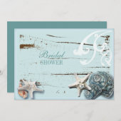 海岸沿いの納屋の木アクアブルーのヒトデの貝殻 招待状 (正面/裏面)