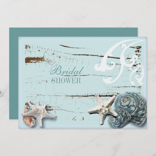 海岸沿いの納屋の木アクアブルーのヒトデの貝殻 招待状 (正面/裏面)