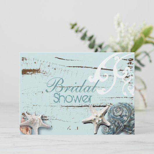 海岸沿いの納屋の木アクアブルーのヒトデの貝殻 招待状 (スタンド正面)