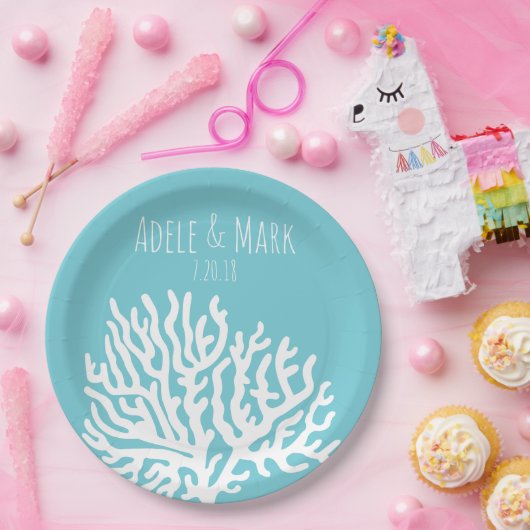 海岸白海サンゴ礁のカップルの名結婚前 ペーパープレート (パーティー)