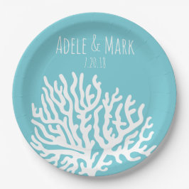 海岸白海サンゴ礁のカップルの名結婚前 ペーパープレート