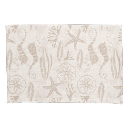 海岸砂浜ベージュ手描きシーホースストライプズ 枕カバー