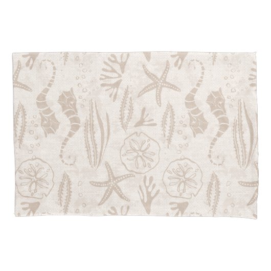 海岸砂浜ベージュ手描きシーホースストライプズ 枕カバー (正面)