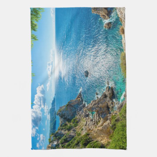 海岸線 |ギリシャ・コルフ,パラアイオカストリッサ キッチンタオル (縦)