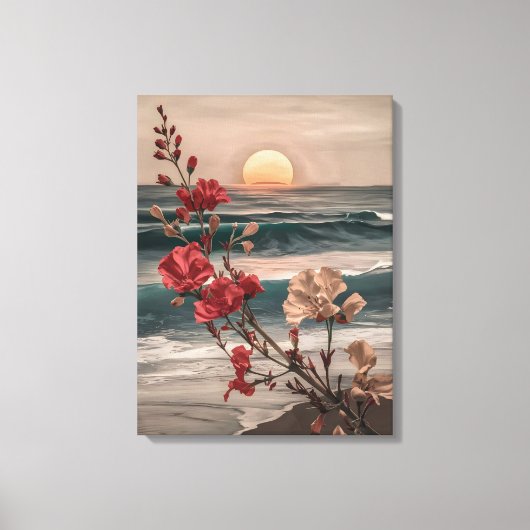 海岸至福:赤と白夕日の花 キャンバスプリント (正面)