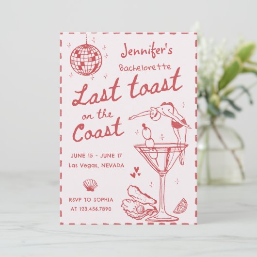海岸週末のピンクの最後のトーストバチェロレッテ 招待状 (スタンド正面)