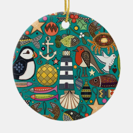 海岸風クリスマス装飾品 ティールブルー セラミックオーナメント (正面)