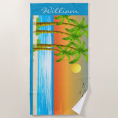 海岸風景鳥ヤシの木の太陽をパーソナライズ ビーチタオル (正面)