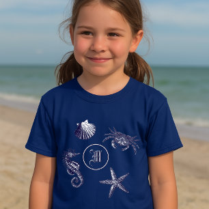 海岸 ビーチ タツノオトシゴ ヒトデ カニ モノグラム Tシャツ