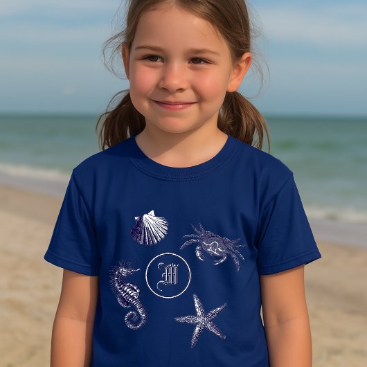 海岸 ビーチ タツノオトシゴ ヒトデ カニ モノグラム Tシャツ