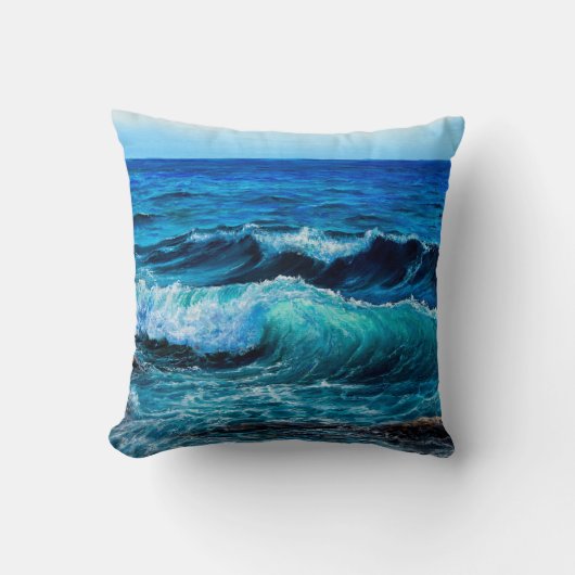 海峡で波や海を描いた油絵 クッション (正面)