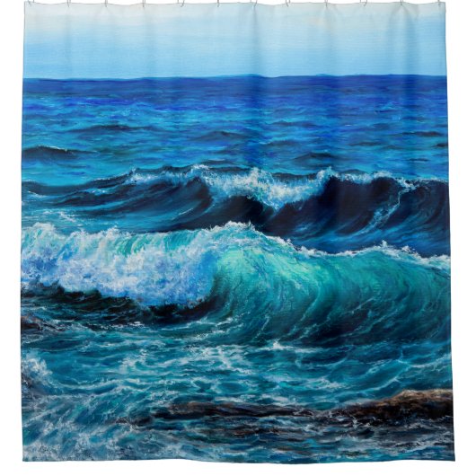 海峡で波や海を描いた油絵 シャワーカーテン (正面)