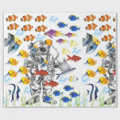 海底の深海のダイバーそして熱帯魚 ラッピングペーパー (フラット)