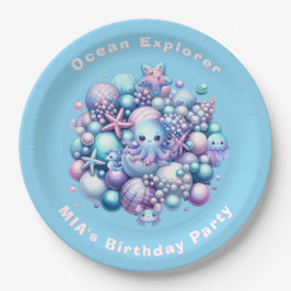 海底の誕生日パーティー紙皿 編集可能な名前 ペーパープレート