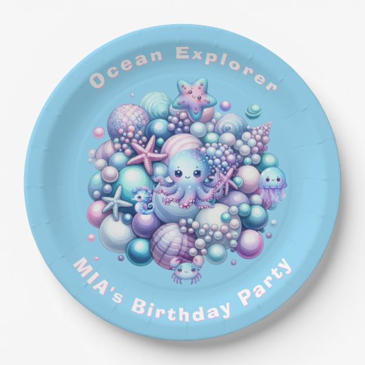 海底の誕生日パーティー紙皿 編集可能な名前 ペーパープレート (正面)