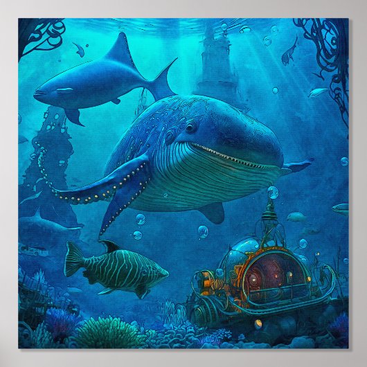 海底深處の海の動物 スチームパンク潜水艦 箔ポスター (正面)
