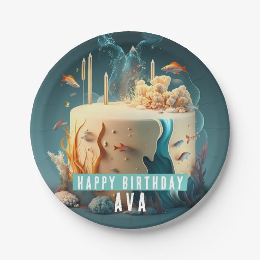 海底魚のサンゴのキャンドルケーキ – 誕生日 ペーパープレート (正面)