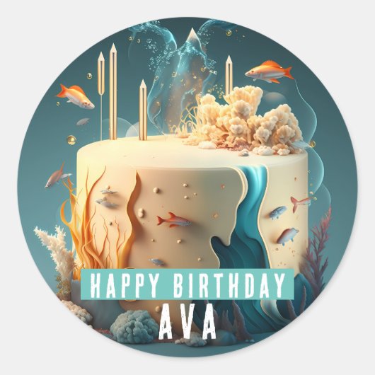 海底魚のサンゴのキャンドルケーキ – 誕生日 ラウンドシール (正面)