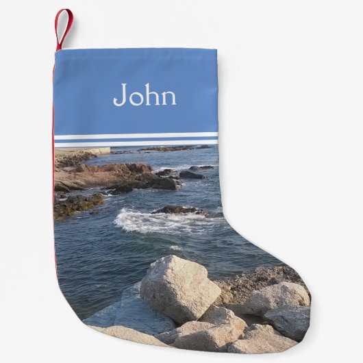 海恋人の青い海と岩に名前を追加 スモールクリスマスストッキング (正面)